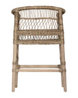 A handcrafted woven rattan bar stool with a natural timber frame, featuring an intricate open-weave design and a curved backrest for stylish comfort