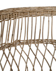 A handcrafted woven rattan bar stool with a natural timber frame, featuring an intricate open-weave design and a curved backrest for stylish comfort