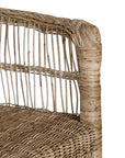 A handcrafted woven rattan bar stool with a natural timber frame, featuring an intricate open-weave design and a curved backrest for stylish comfort