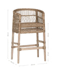 A handcrafted woven rattan bar stool with a natural timber frame, featuring an intricate open-weave design and a curved backrest for stylish comfort