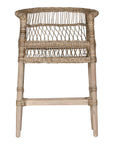 A handcrafted woven rattan bar stool with a natural timber frame, featuring an intricate open-weave design and a curved backrest for stylish comfort