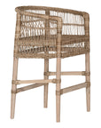 A handcrafted woven rattan bar stool with a natural timber frame, featuring an intricate open-weave design and a curved backrest for stylish comfort