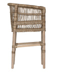 A handcrafted woven rattan bar stool with a natural timber frame, featuring an intricate open-weave design and a curved backrest for stylish comfort