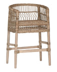 A handcrafted woven rattan bar stool with a natural timber frame, featuring an intricate open-weave design and a curved backrest for stylish comfort