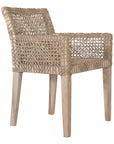 Woven rope armchair with natural teak frame, showcasing intricate handwoven craftsmanship and earthy, relaxed style