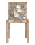 Woven rope dining hair with natural teak wood frame, showcasing intricate handwoven craftsmanship and earthy, relaxed style