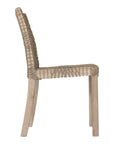 Woven rope dining hair with natural teak wood frame, showcasing intricate handwoven craftsmanship and earthy, relaxed style