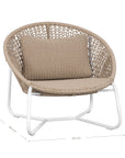 Round woven lounge chair in natural with matching natural cushion, featuring a curved metal base for modern and stylish outdoor or indoor seating. Durable and comfortable design perfect for relaxed lounging