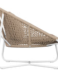 Round woven lounge chair in natural with matching natural cushion, featuring a curved metal base for modern and stylish outdoor or indoor seating. Durable and comfortable design perfect for relaxed lounging