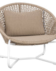 Round woven lounge chair in natural with matching natural cushion, featuring a curved metal base for modern and stylish outdoor or indoor seating. Durable and comfortable design perfect for relaxed lounging