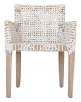 Woven leather armchair with natural wood frame, showcasing intricate handwoven craftsmanship and earthy, relaxed style