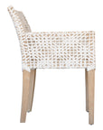 Woven leather armchair with natural wood frame, showcasing intricate handwoven craftsmanship and earthy, relaxed style