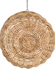 Natural wicker hanging egg chair with white cushion, suspended by a metal chain, perfect for indoor or outdoor relaxation