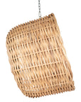 Natural wicker hanging egg chair with white cushion, suspended by a metal chain, perfect for indoor or outdoor relaxation