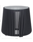 Zania side table in matte black timber with slatted silhouette and round tempered glass top, perfect for modern living spaces