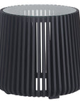 Zania side table in matte black timber with slatted silhouette and round tempered glass top, perfect for modern living spaces