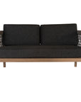 Modern rope sofa with natural wood frame and charcoal cushions, featuring woven rope detailing for a contemporary and stylish look.