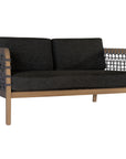 Modern rope sofa with natural wood frame and charcoal cushions, featuring woven rope detailing for a contemporary and stylish look.