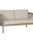 Modern rope sofa with natural wood frame and natural cushions, featuring woven rope detailing for a contemporary and stylish look.
