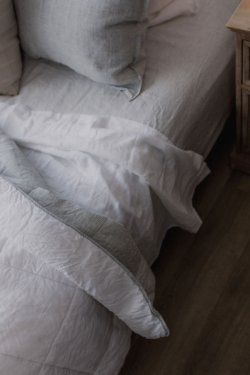 “White/Ink” Pinstripe Linen Quilted Coverlet - KULALA Living