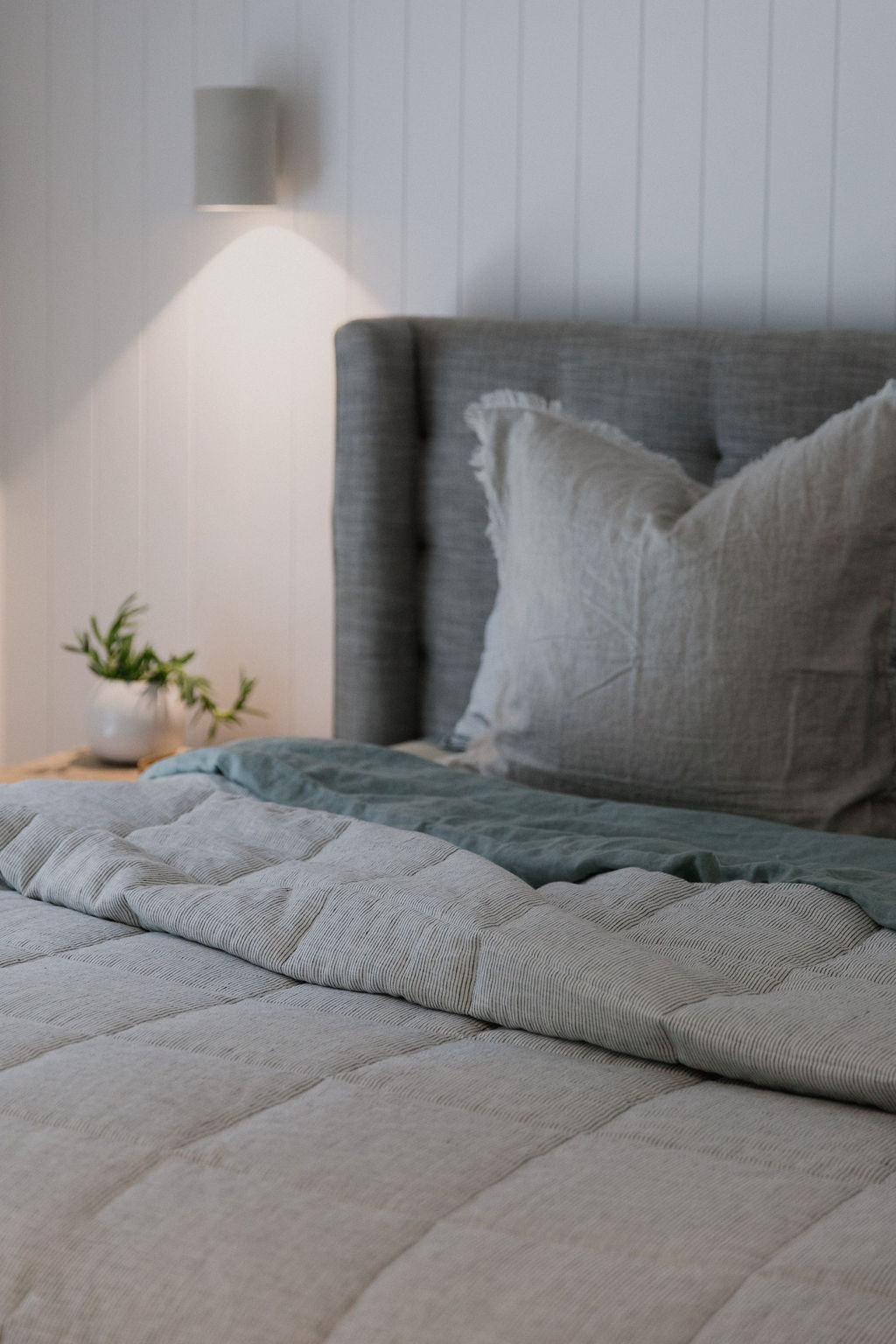 “White/Ink” Pinstripe Linen Quilted Coverlet - KULALA Living