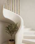 Sanded latte pole spiral staircase in an organic rendered interior, styled with a potted olive tree