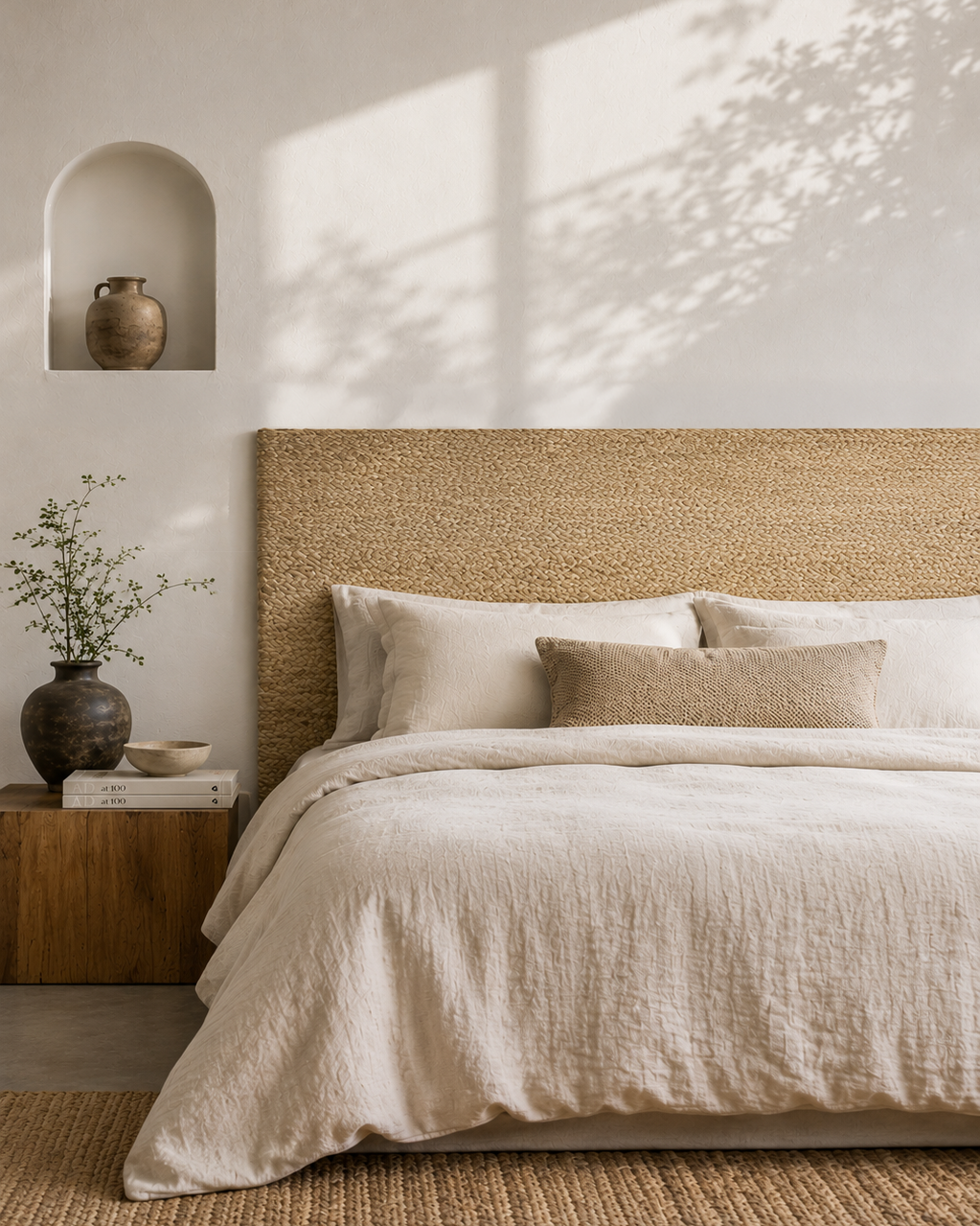 Bedroom with a textured headboard and neutral bedding, featuring a vase and plant on a nightstand.
