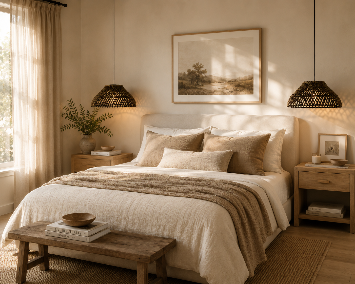 Cozy bedroom with a bed, nightstands, and wall art.
