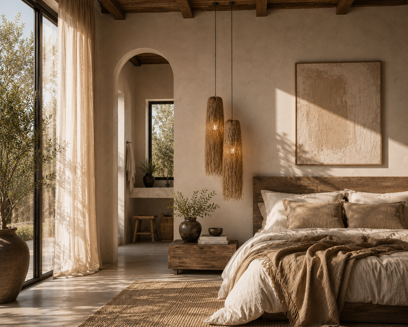 Cozy bedroom with natural light, wooden furniture, and earthy tones.