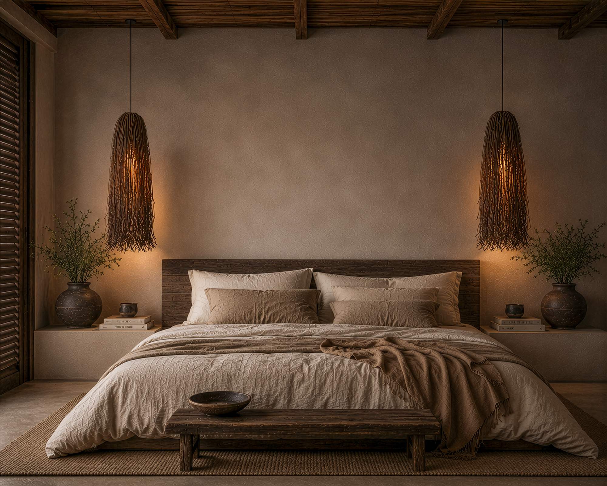 Cozy bedroom with wooden bed, hanging lamps, and decorative elements.