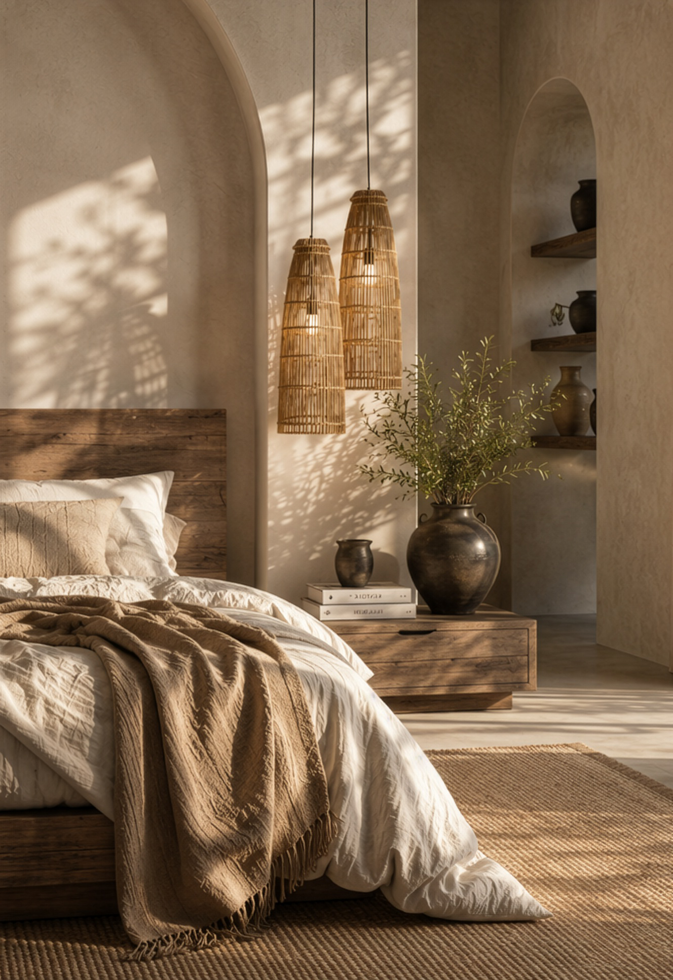 Cozy bedroom with wooden headboard, textured walls, and hanging rattan lamps.