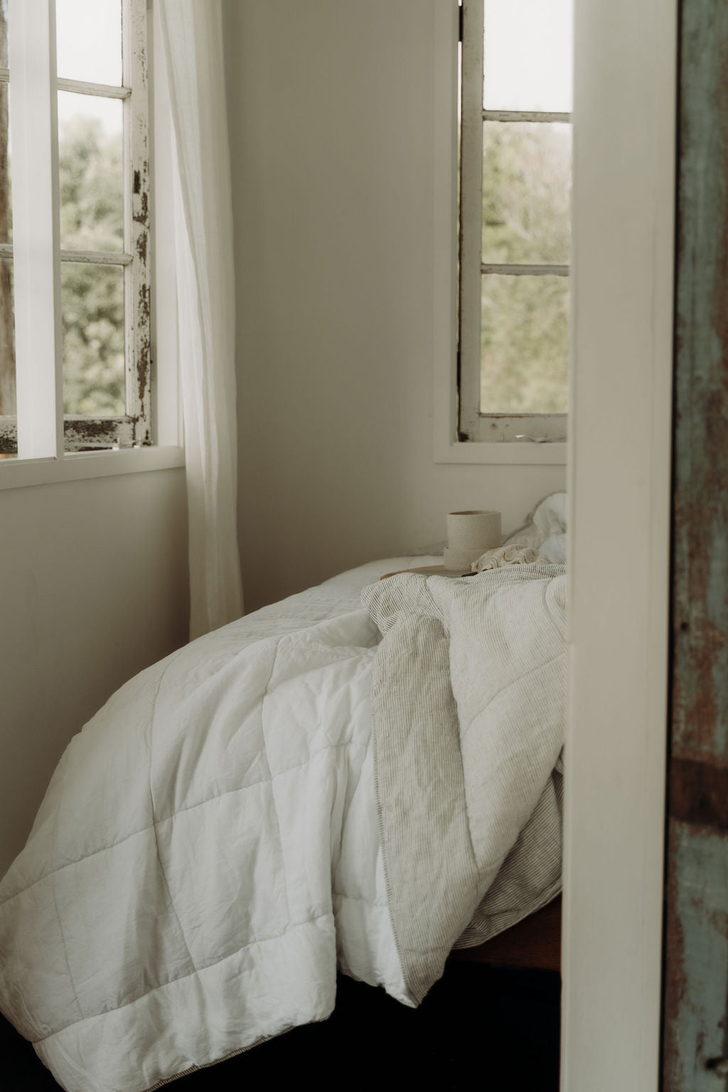 “White/Ink” Pinstripe Linen Quilted Coverlet - KULALA Living