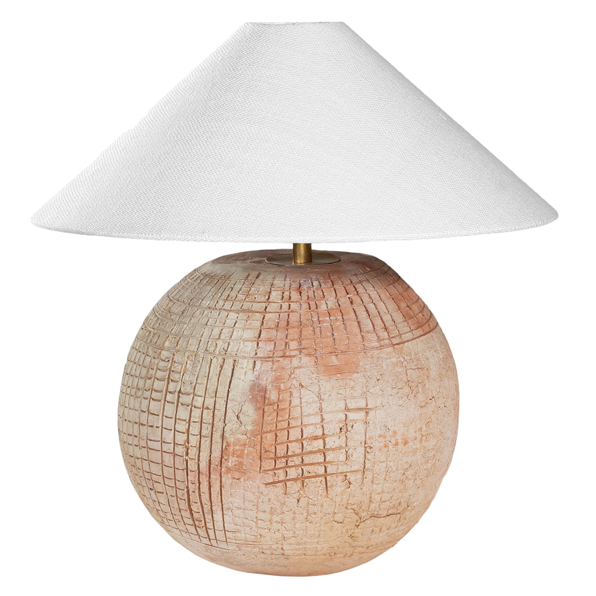 KULALA Living Debele clay table lamp with white linen pyramid shade, showcasing a modern lighting design on a wooden surface.