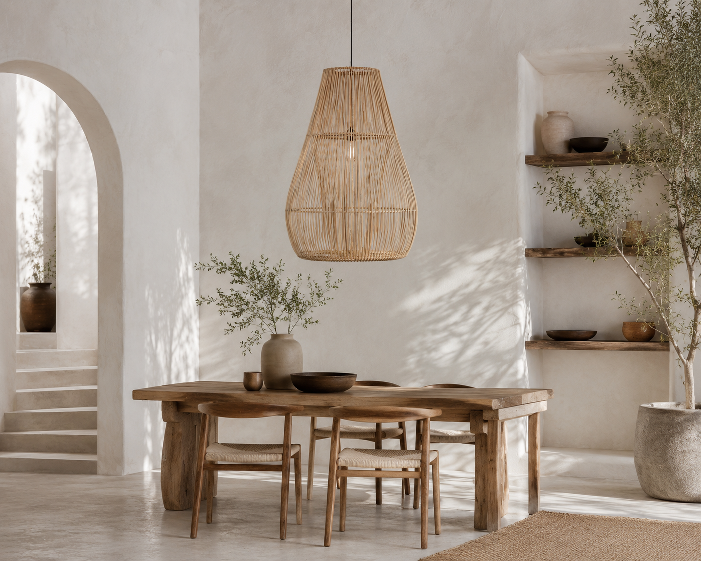 Dining area with wooden table and chairs, wicker pendant light, and neutral decor.
