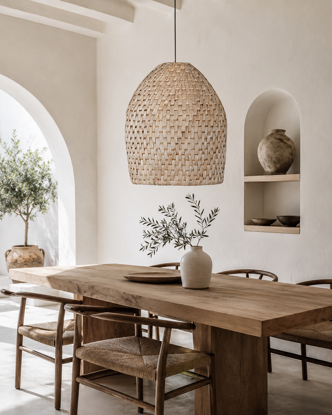 Dining area with wooden table, chairs, and a woven pendant light.