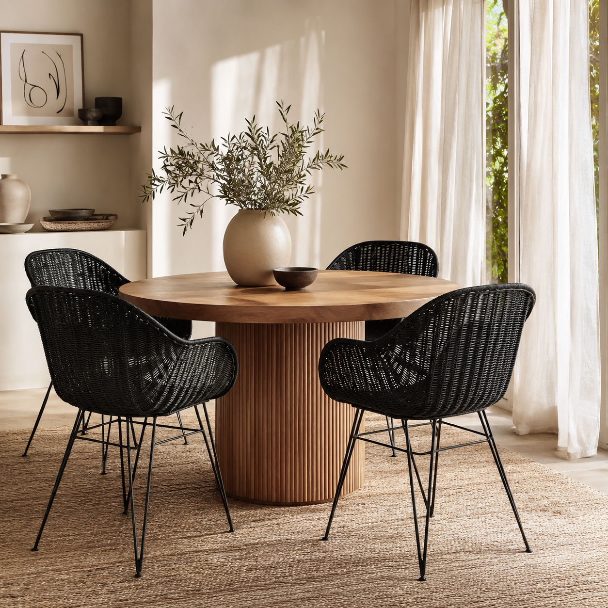 Dining room with a wooden table and black chairs, featuring a vase with greenery.