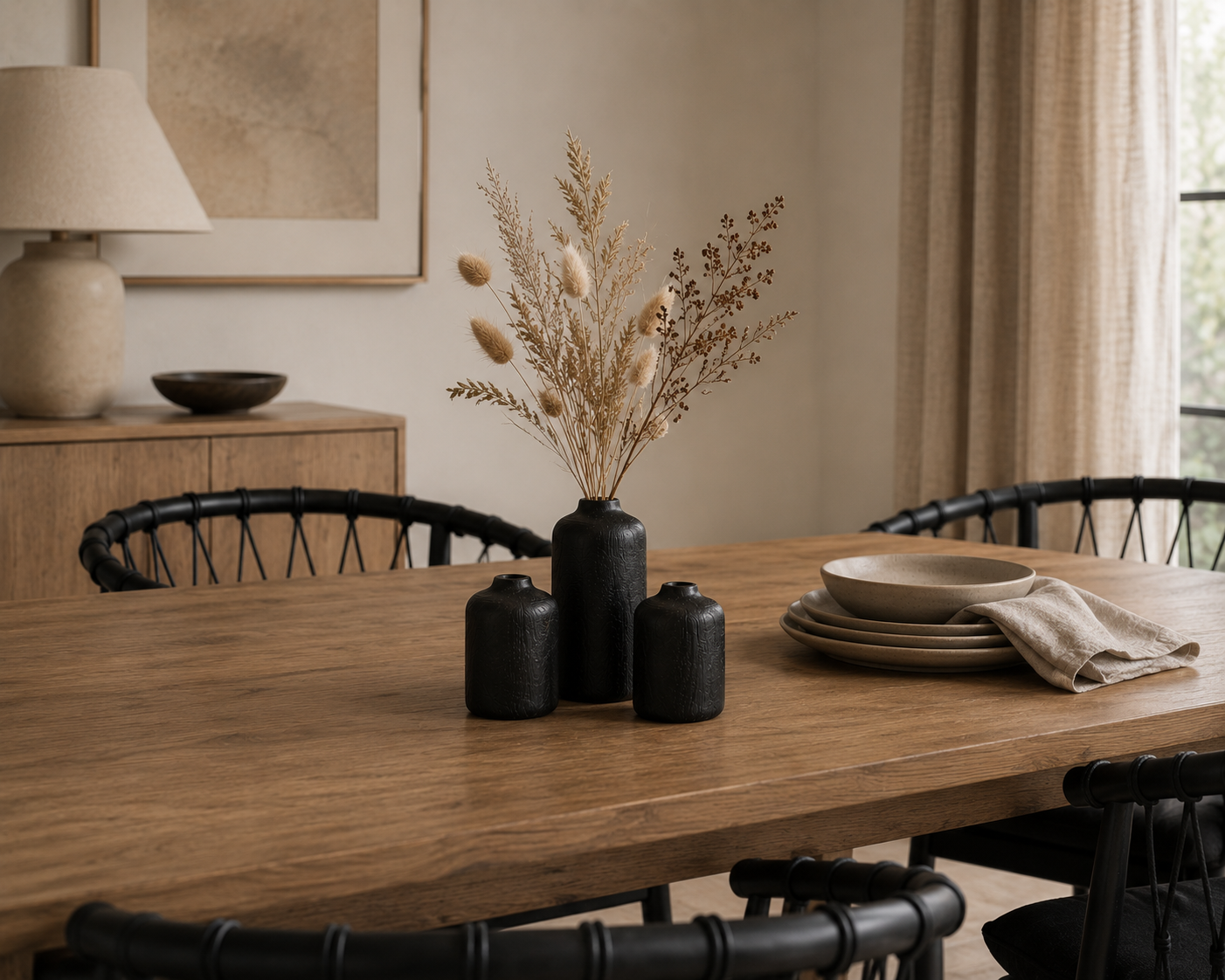 Dining room with a wooden table, black vases, and decorative items.