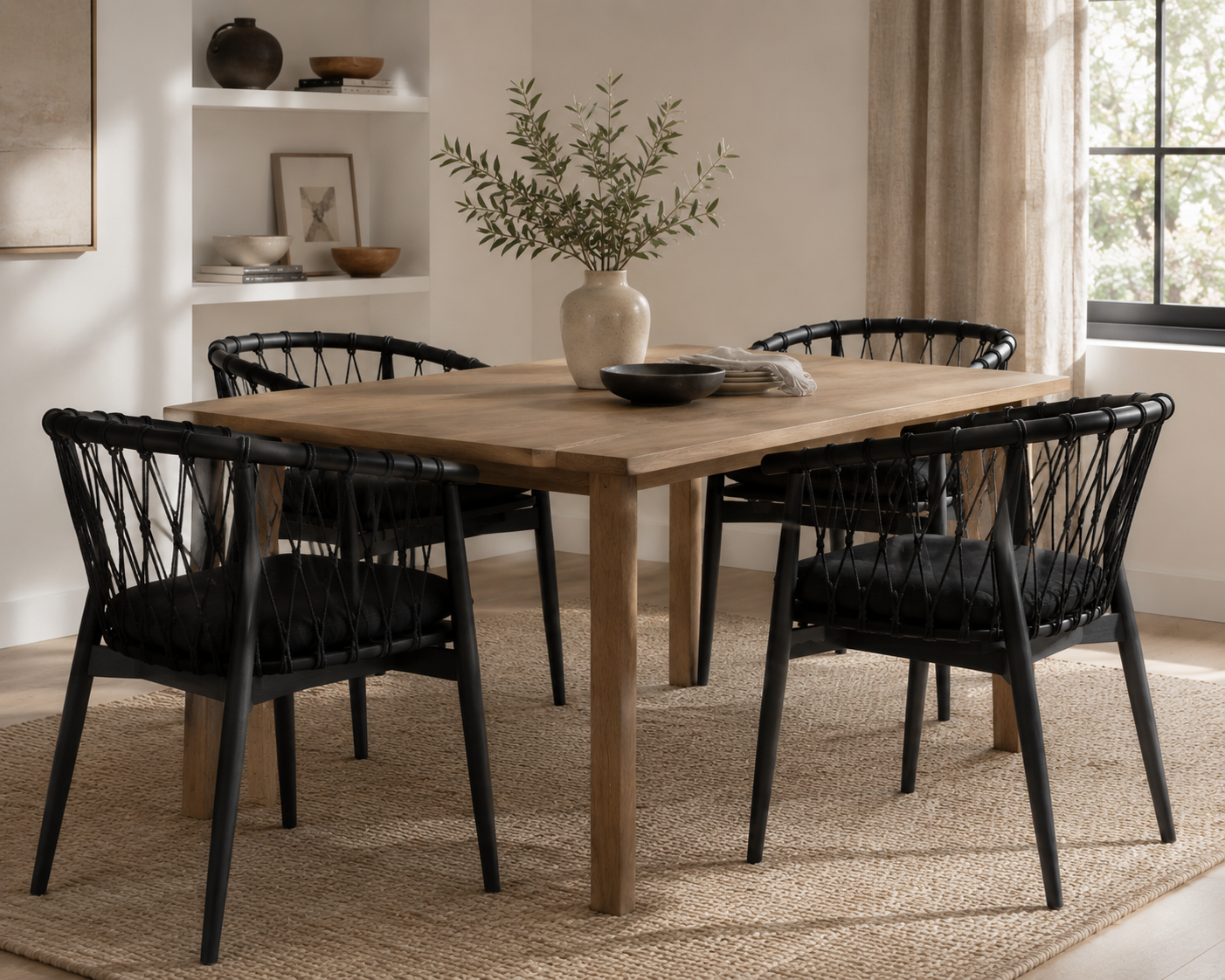 Dining room with wooden table and black chairs, featuring a vase with greenery.