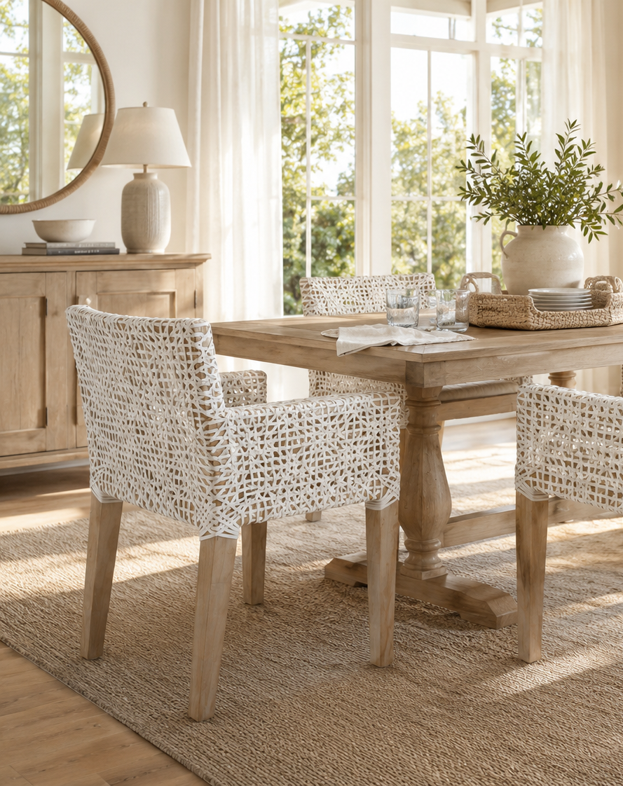 Dining room with wooden table and chairs, natural light, and decor elements.