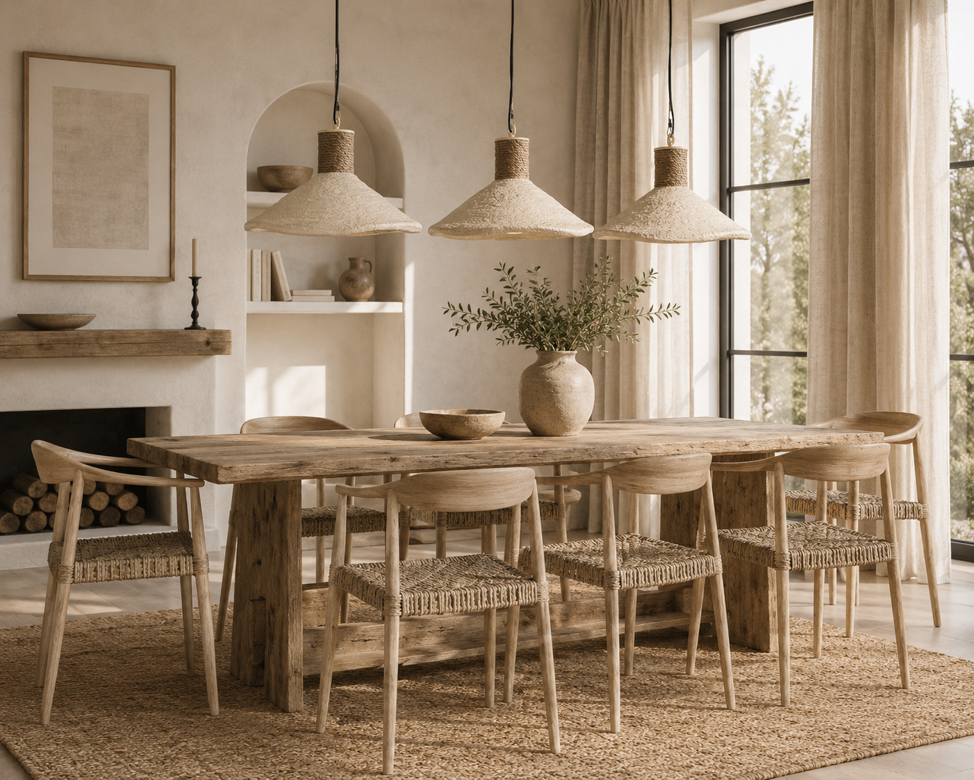 Dining room with wooden table and chairs, natural light, and decor elements.