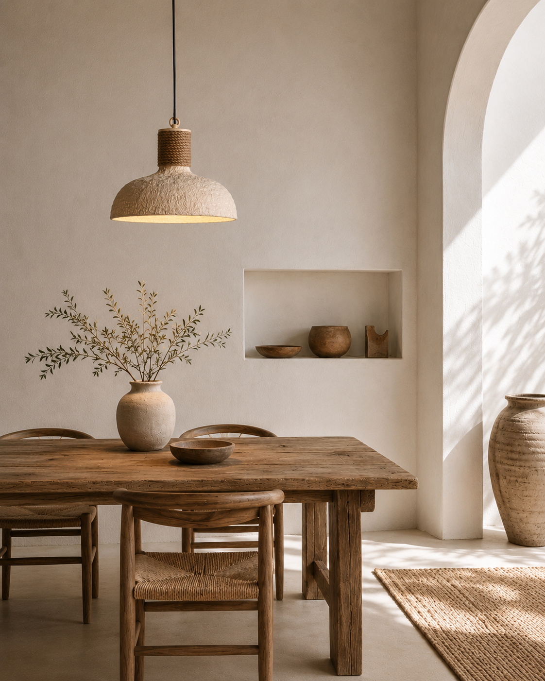 Dining room with wooden table, chairs, and pendant light in a warm, neutral setting.