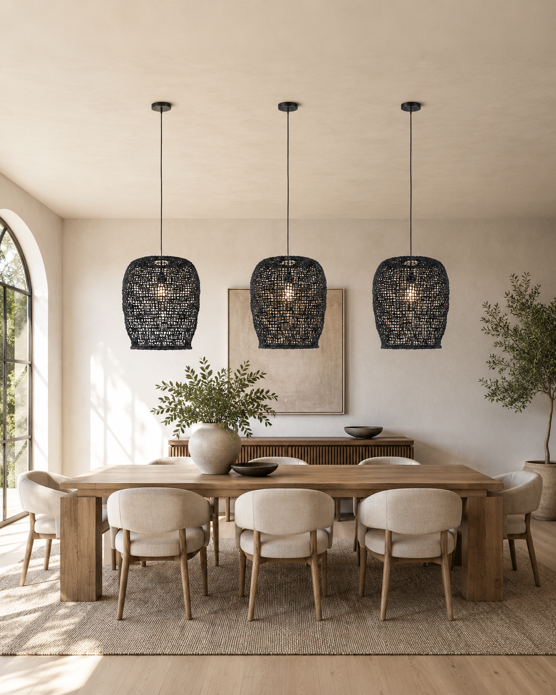 Dining room with wooden table, chairs, and three black pendant lights.