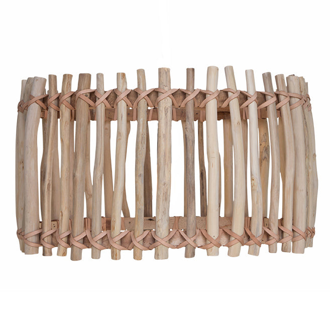 Wooden lampshade with natural finish and woven design on a white background