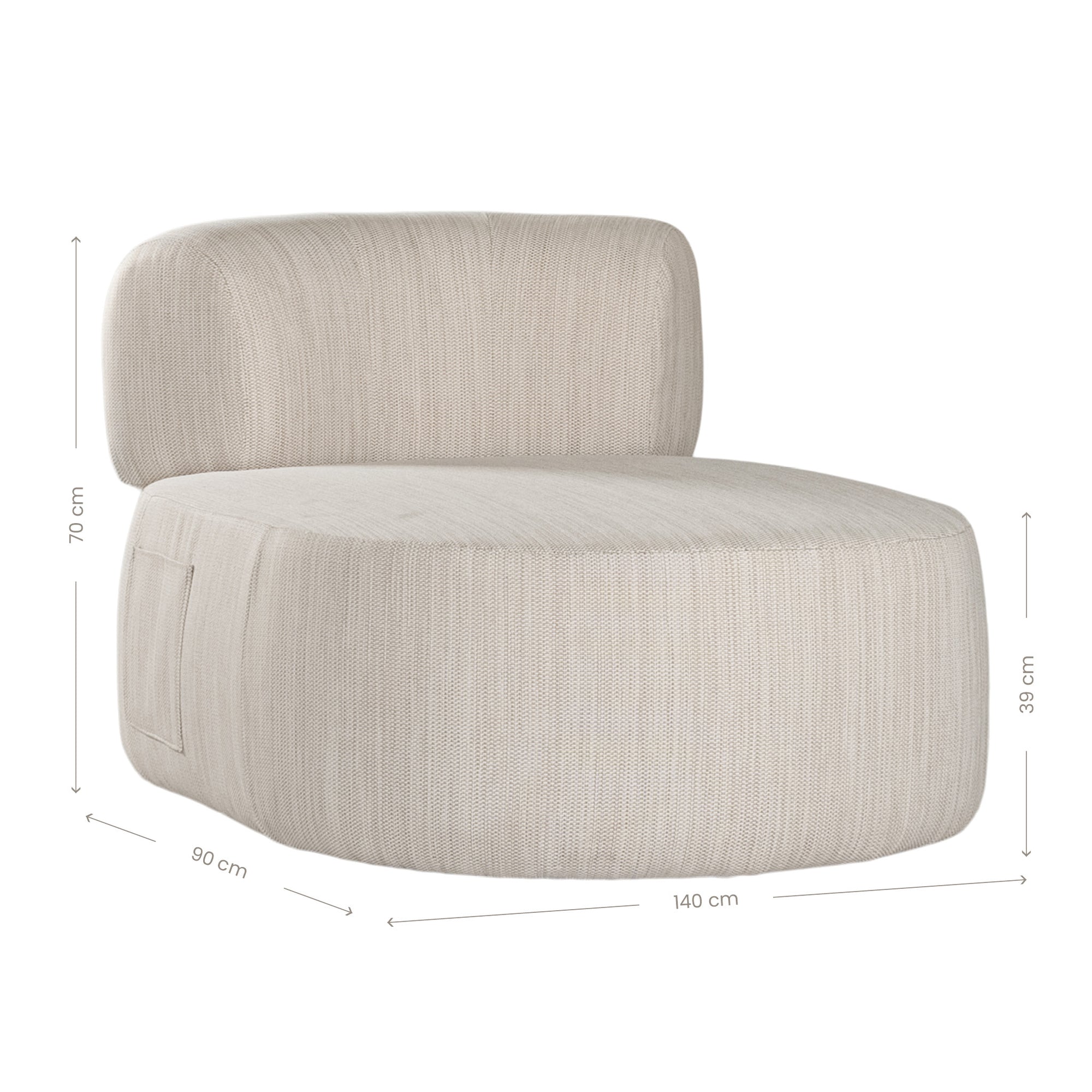 A contemporary pebble upholstered lounge chair with a low-profile design and curved backrest. This modern, armless seating piece features a smooth, rounded silhouette, making it a stylish and comfortable addition to any living space