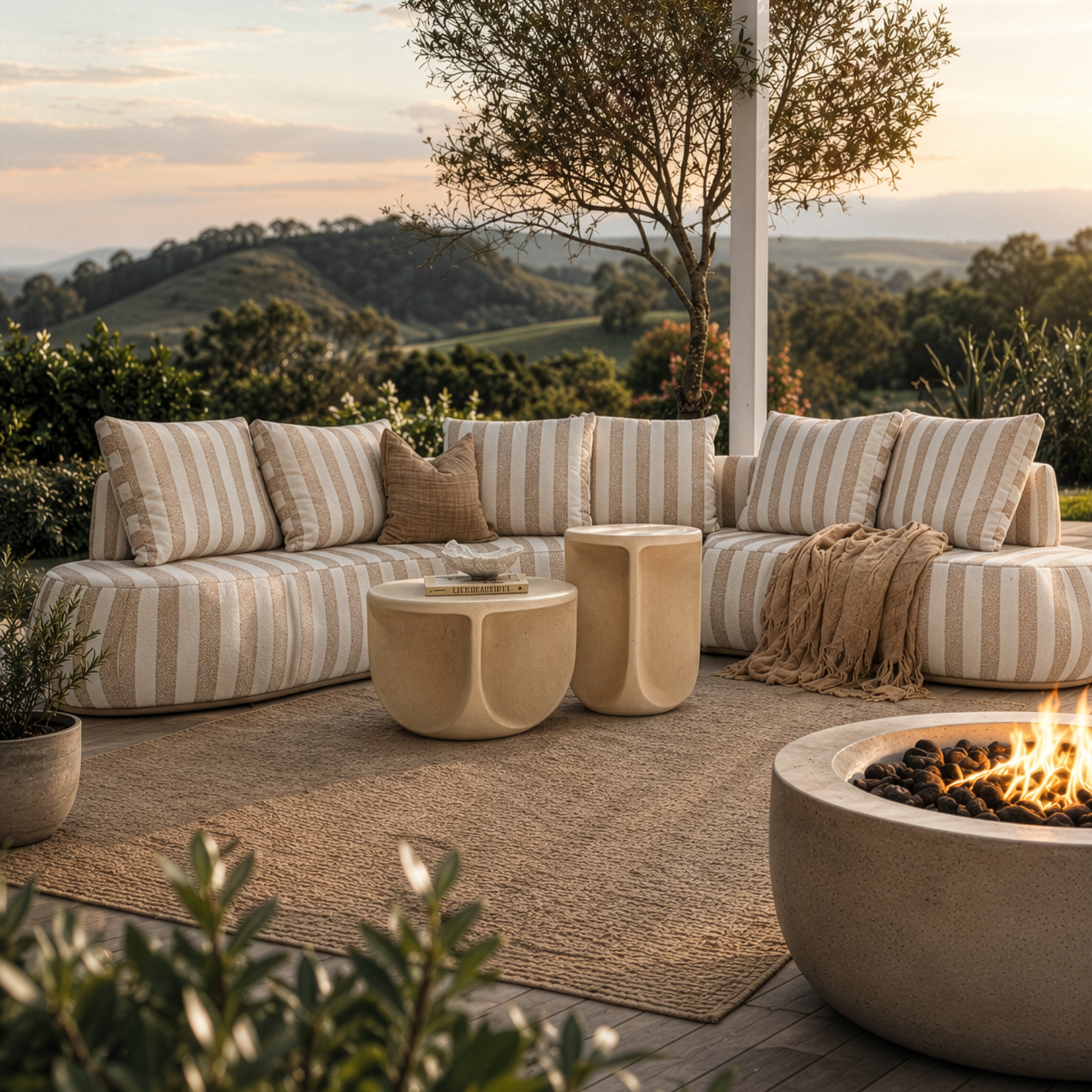 Outdoor patio with striped sofa, fire pit, and scenic view