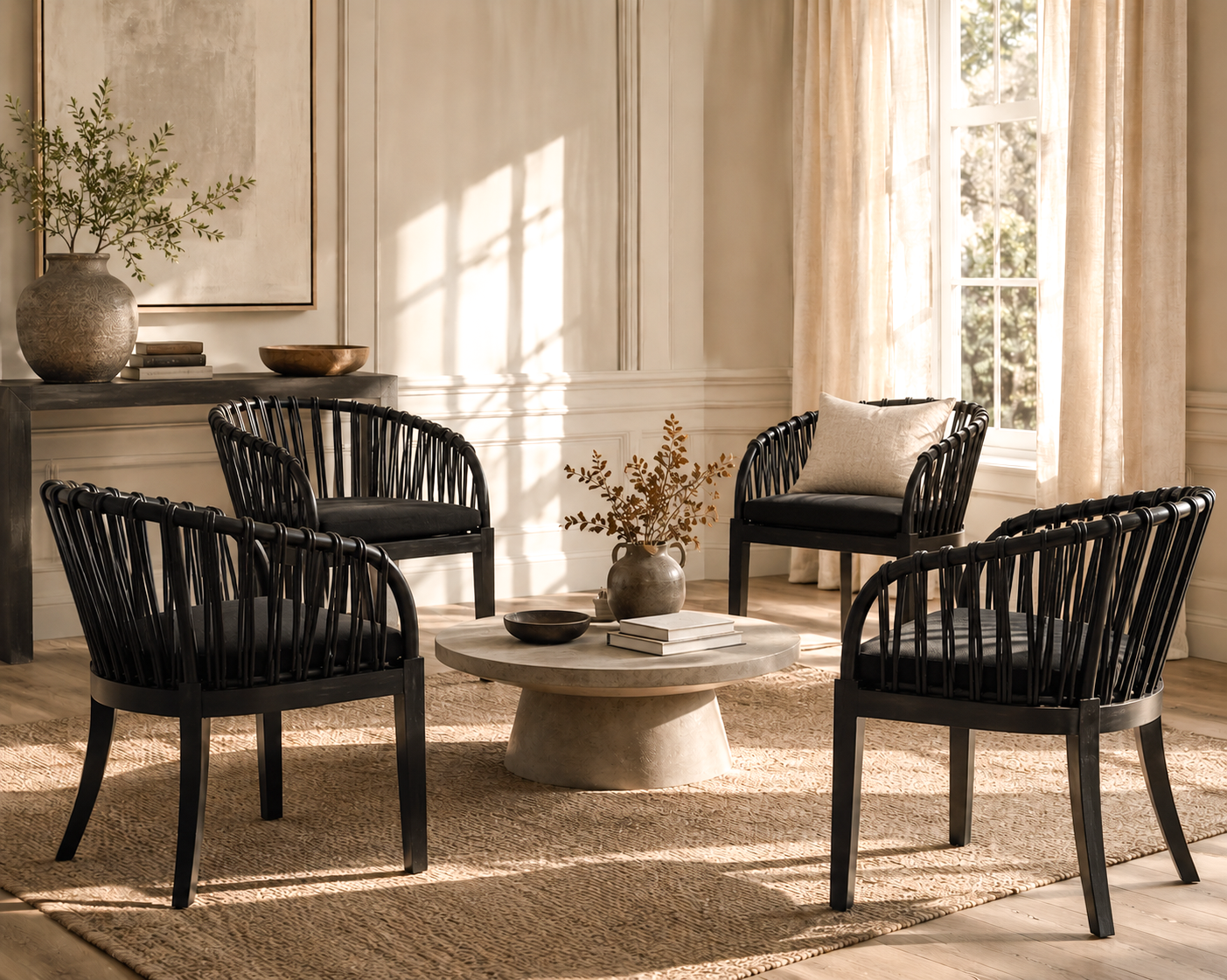 Living room with black wicker chairs and a stone coffee table.