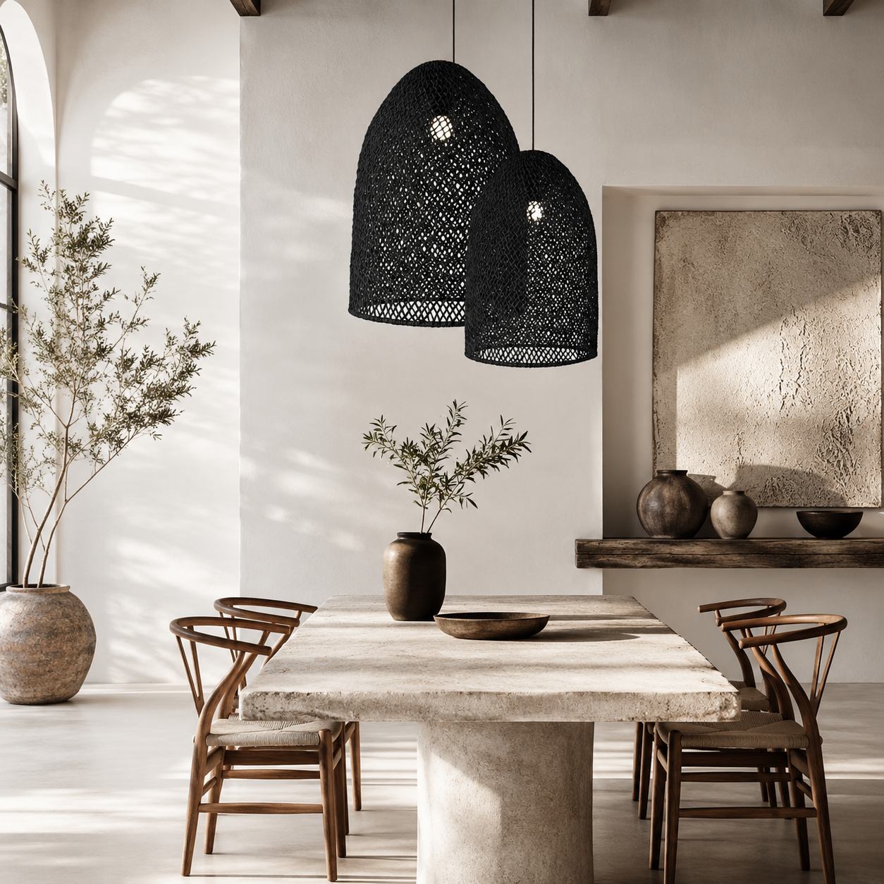 Modern dining room with a concrete table, wooden chairs, and black pendant lights.