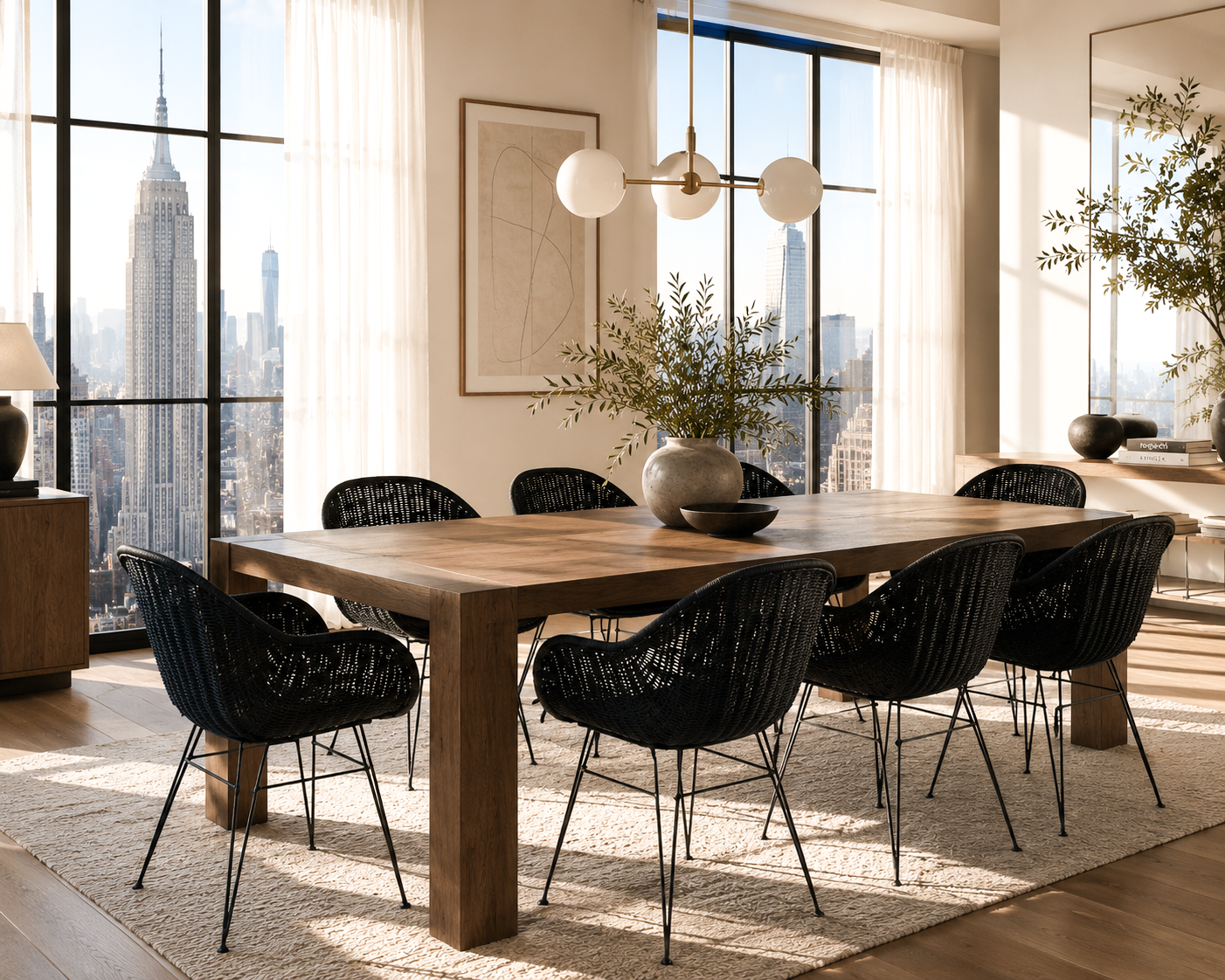 Modern dining room with large wooden table and black chairs, featuring a city skyline view.