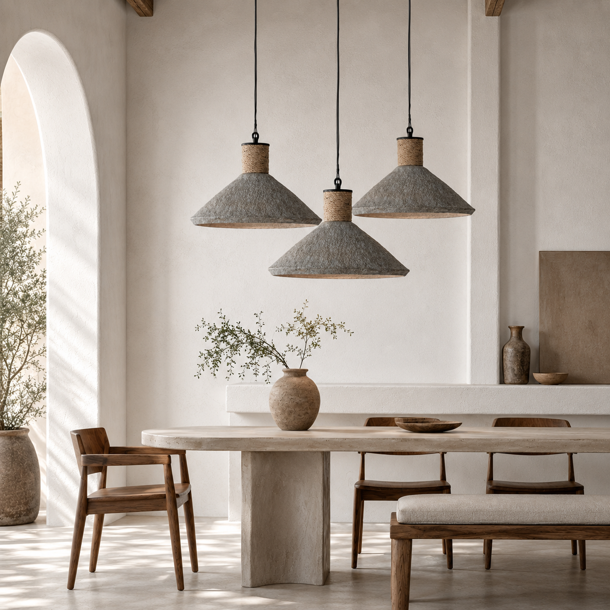 Modern dining room with wooden table, chairs, and pendant lights.