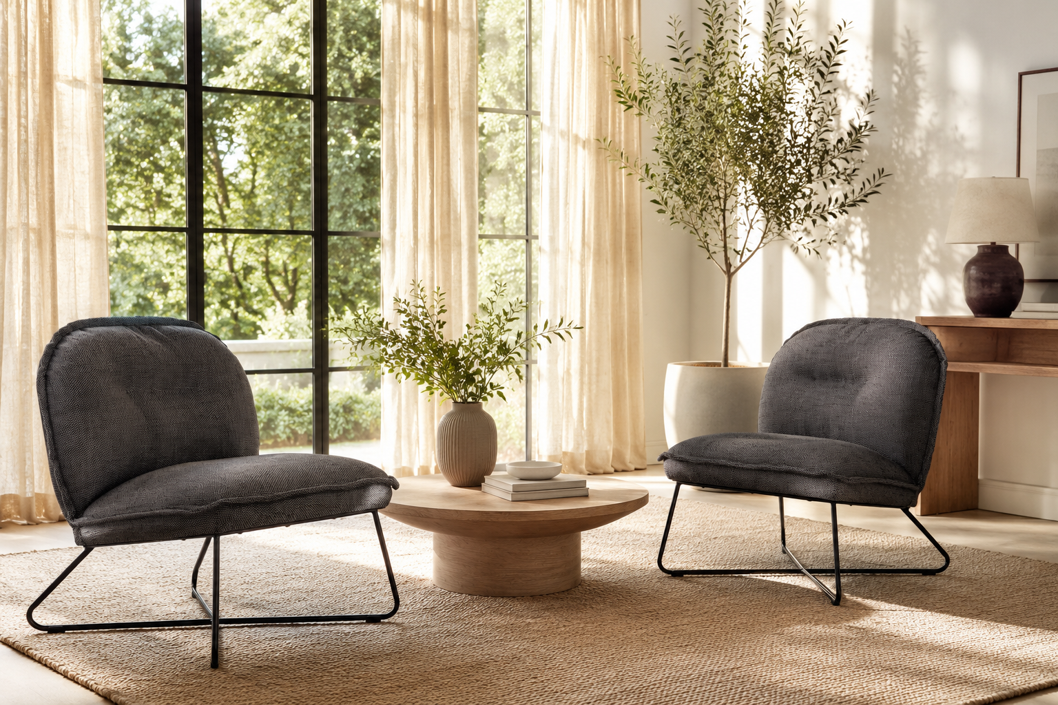 Modern living room with two dark gray chairs, a small round table, and decorative elements.